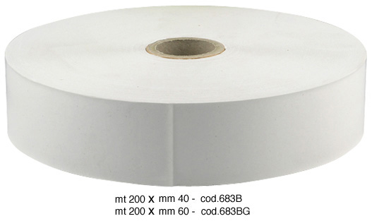 Carta gommata color bianco in rotoli da mm 40x200 mt
