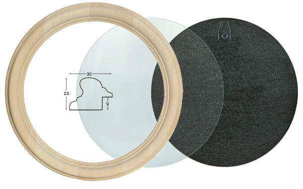 Cornice tonda in legno grezzo con vetro e schienale, diametro cm 20