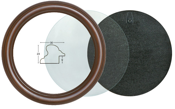 Cornice tonda noce con vetro e schienale, diametro cm 20