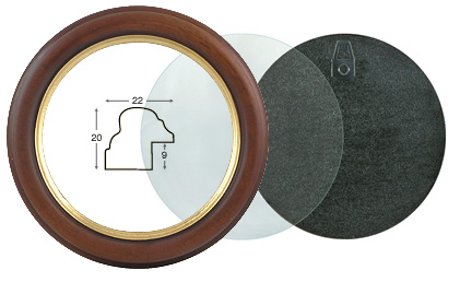 Cornice tonda noce filo oro con vetro e schienale, diametro cm 12