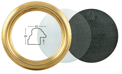 Cornice tonda oro con vetro e schienale, diametro cm 12