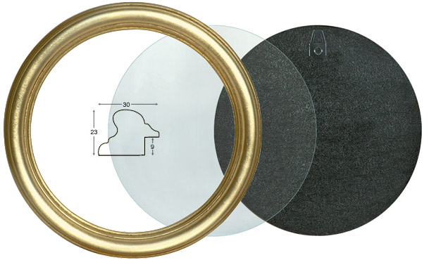 Cornice tonda oro con vetro e schienale, diametro cm 20